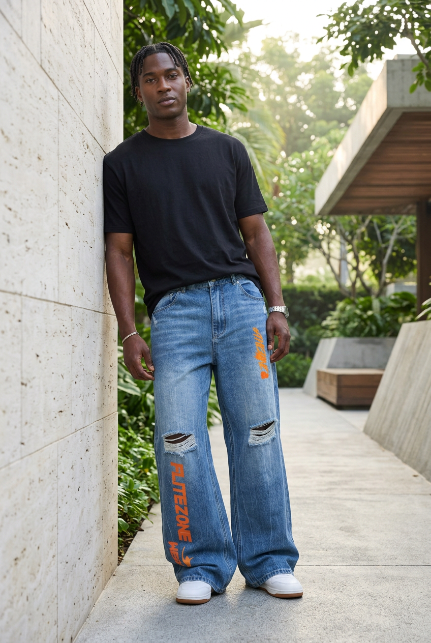 Black male model along a landscaped stone walkway
