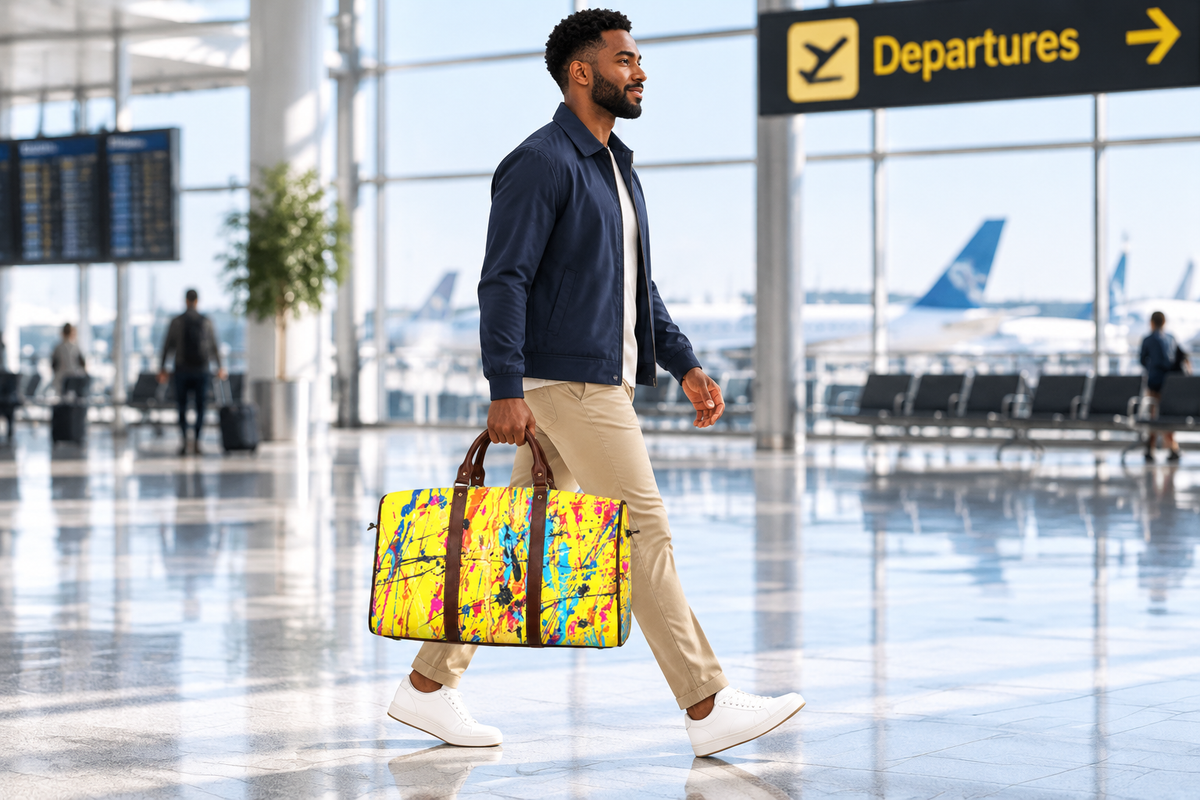 Black male model carrying the travel bag through an airport