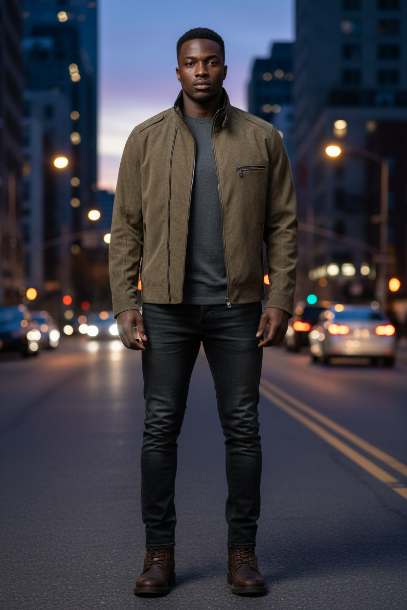 Black male model, front view of olive-brown jacket