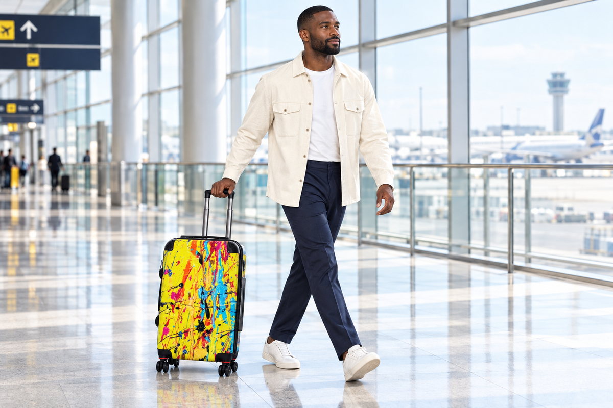 Black male model rolling the suitcase through an airport