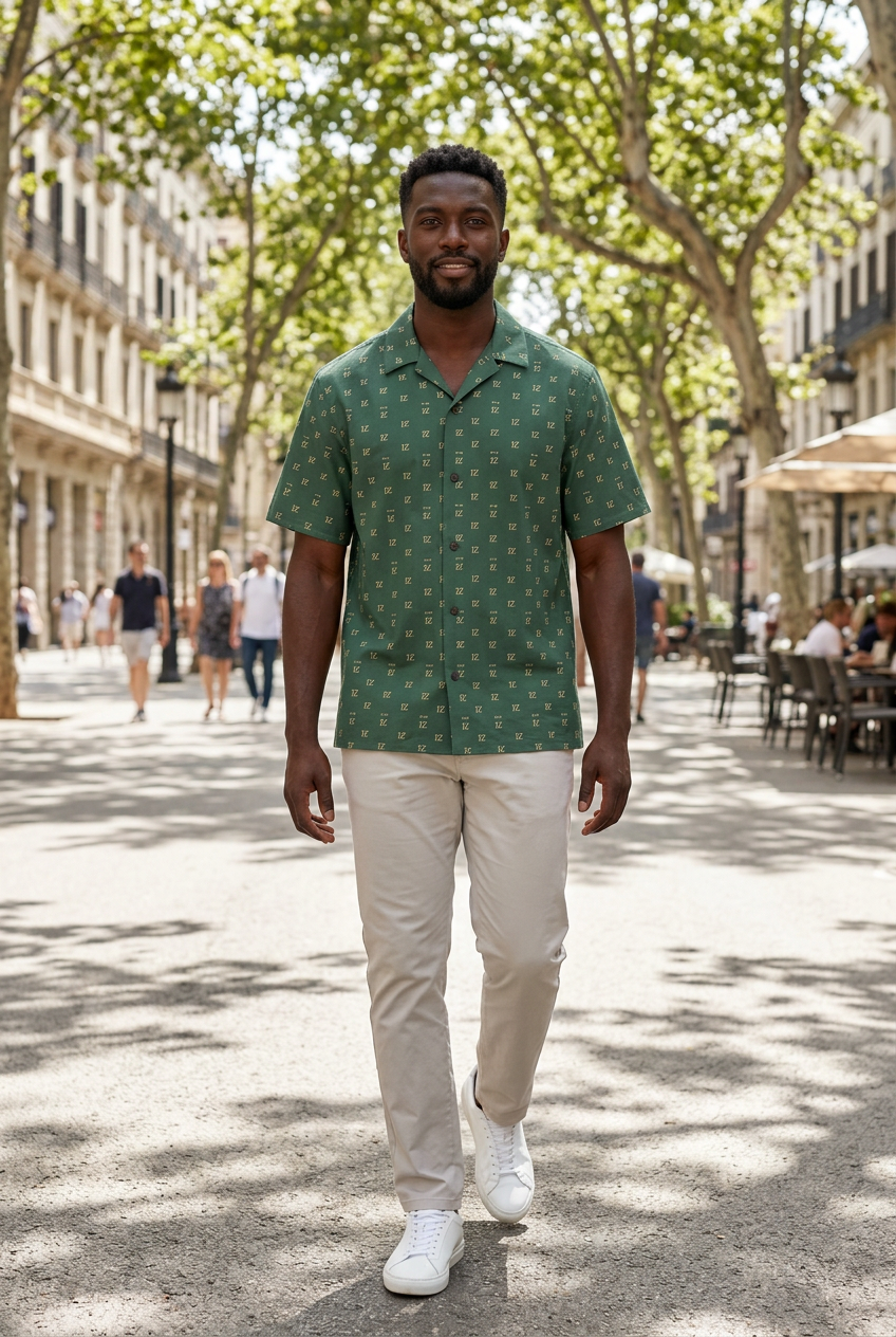 Black male model walking along a tree-lined avenue
