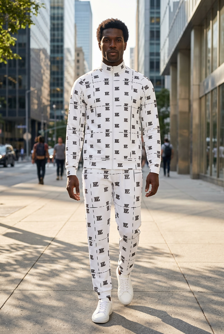 Black male model walking in the matching suit