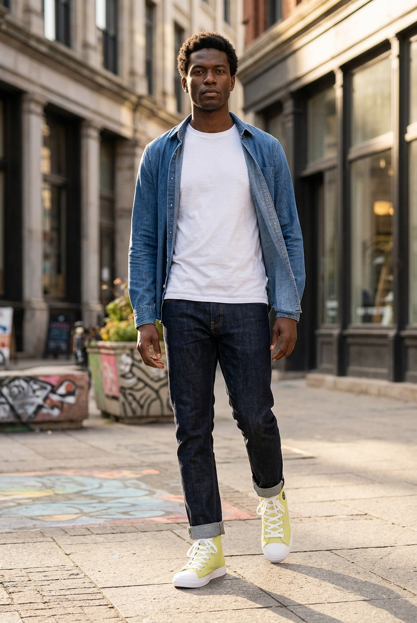 Black male model walking on a city sidewalk