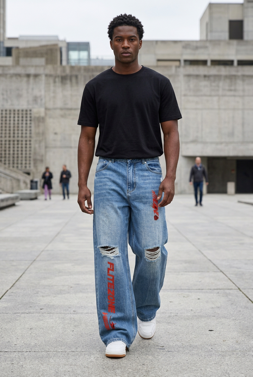 Black male model walking through a city plaza