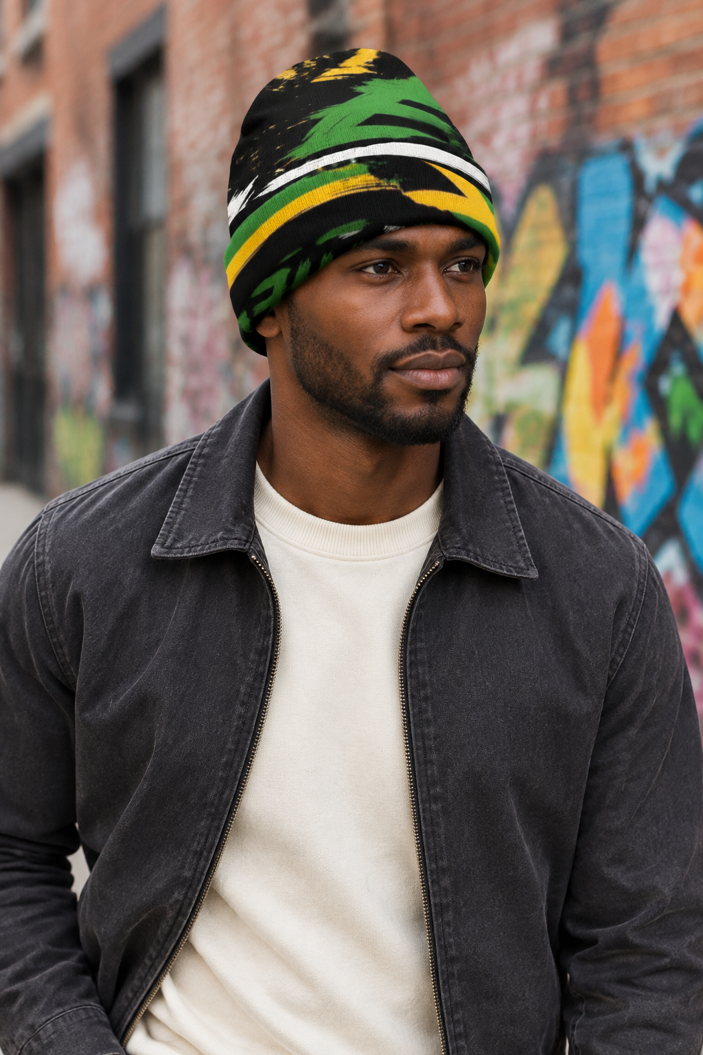 Black male model wearing the beanie on an urban street