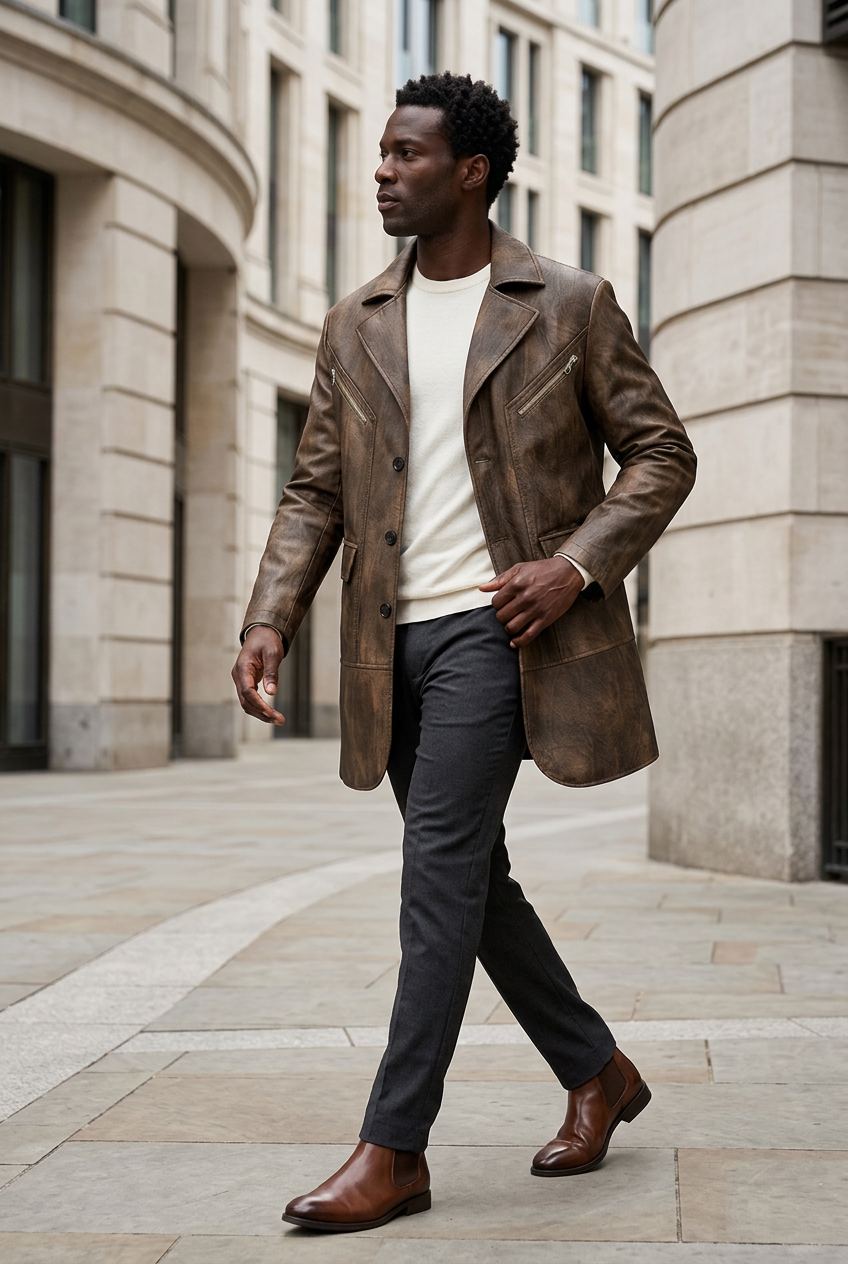 Black male model wearing the distressed brown coat in an urban plaza