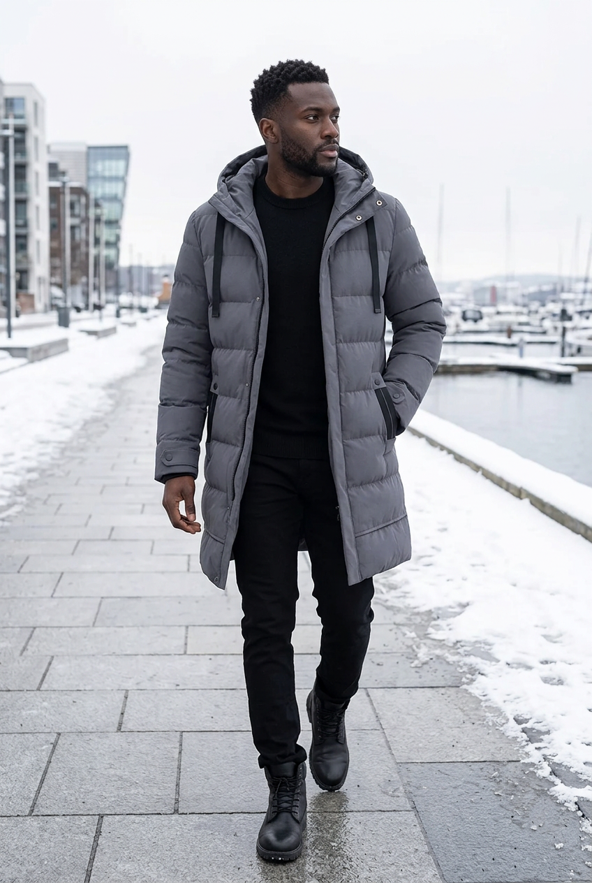 Black male model wearing the gray quilted parka on a snowy waterfront