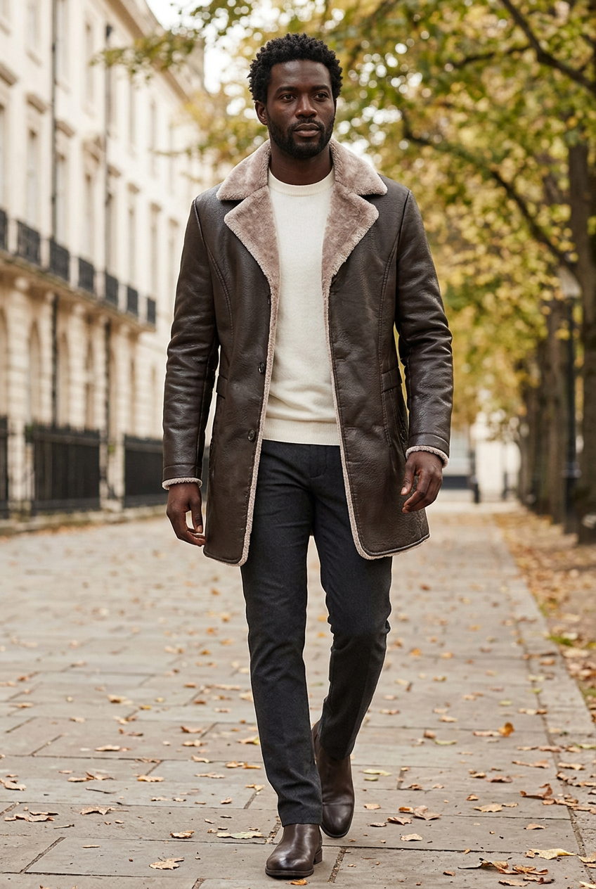 Black male model wearing the longer brown plush-collar coat on an autumn avenue