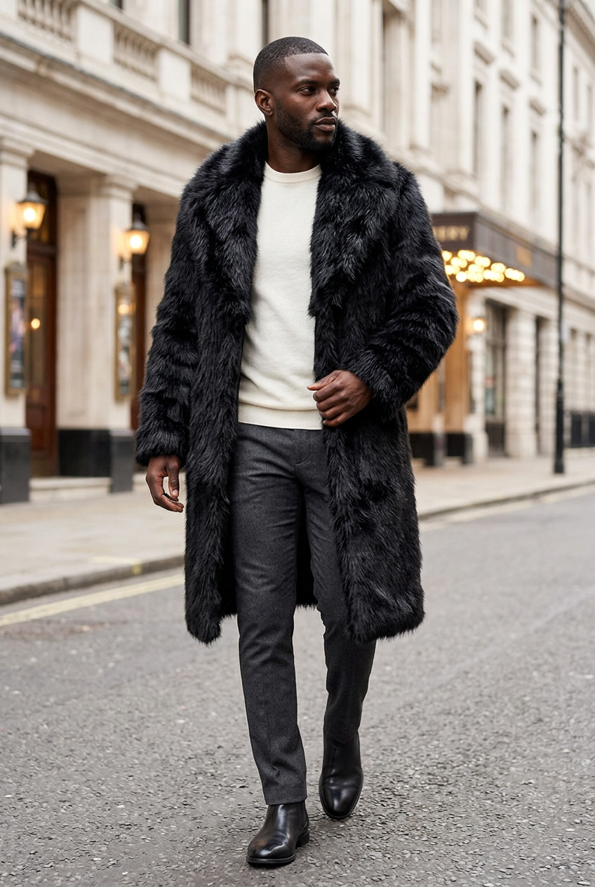 Black male model wearing the slim knee-length black coat on a theater street