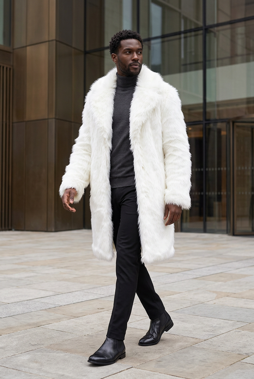 Black male model wearing the white knee-length coat outside a concert hall