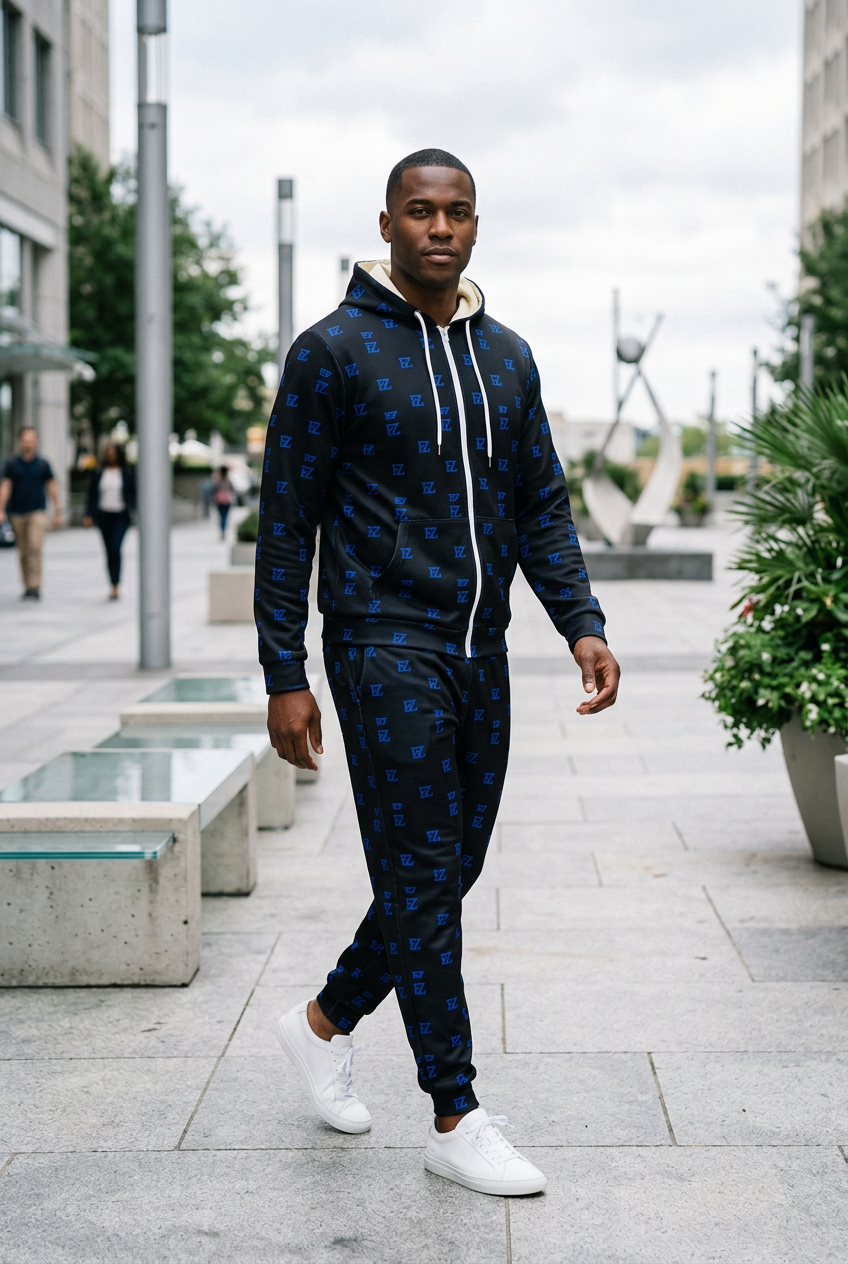 Black male walking across a city plaza