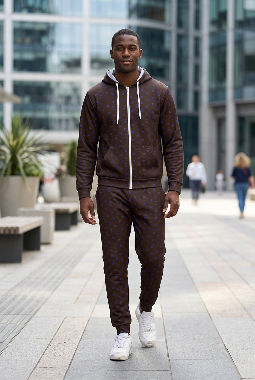 Black male walking through an urban plaza