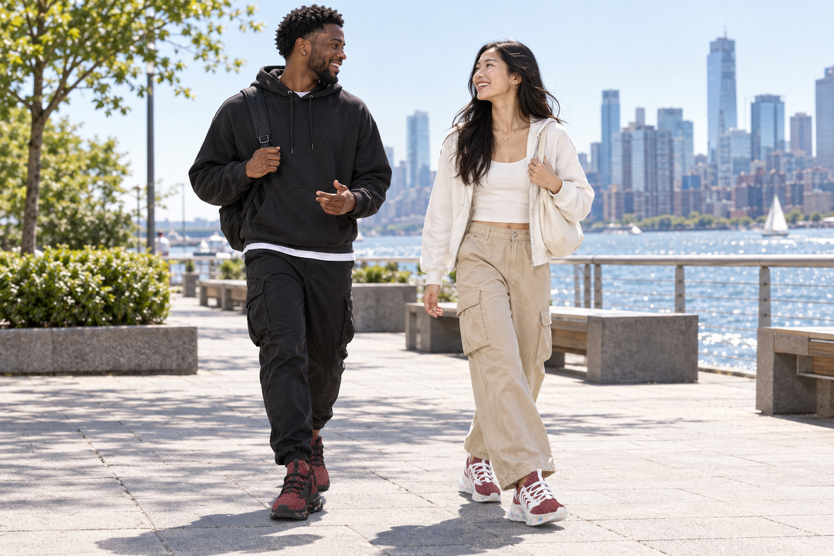 Black man and East Asian woman walking on a waterfront plaza in burgundy sneakers