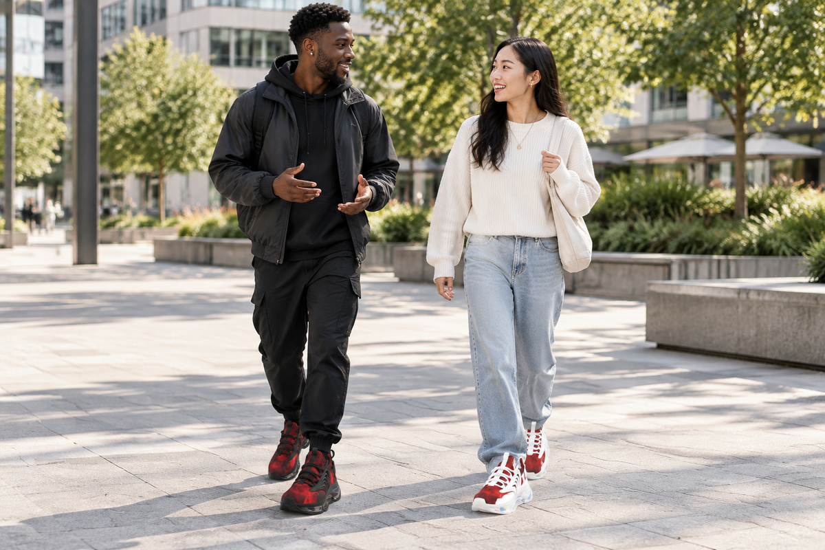 Black man and East Asian woman walking through a plaza in the red-and-black sneakers