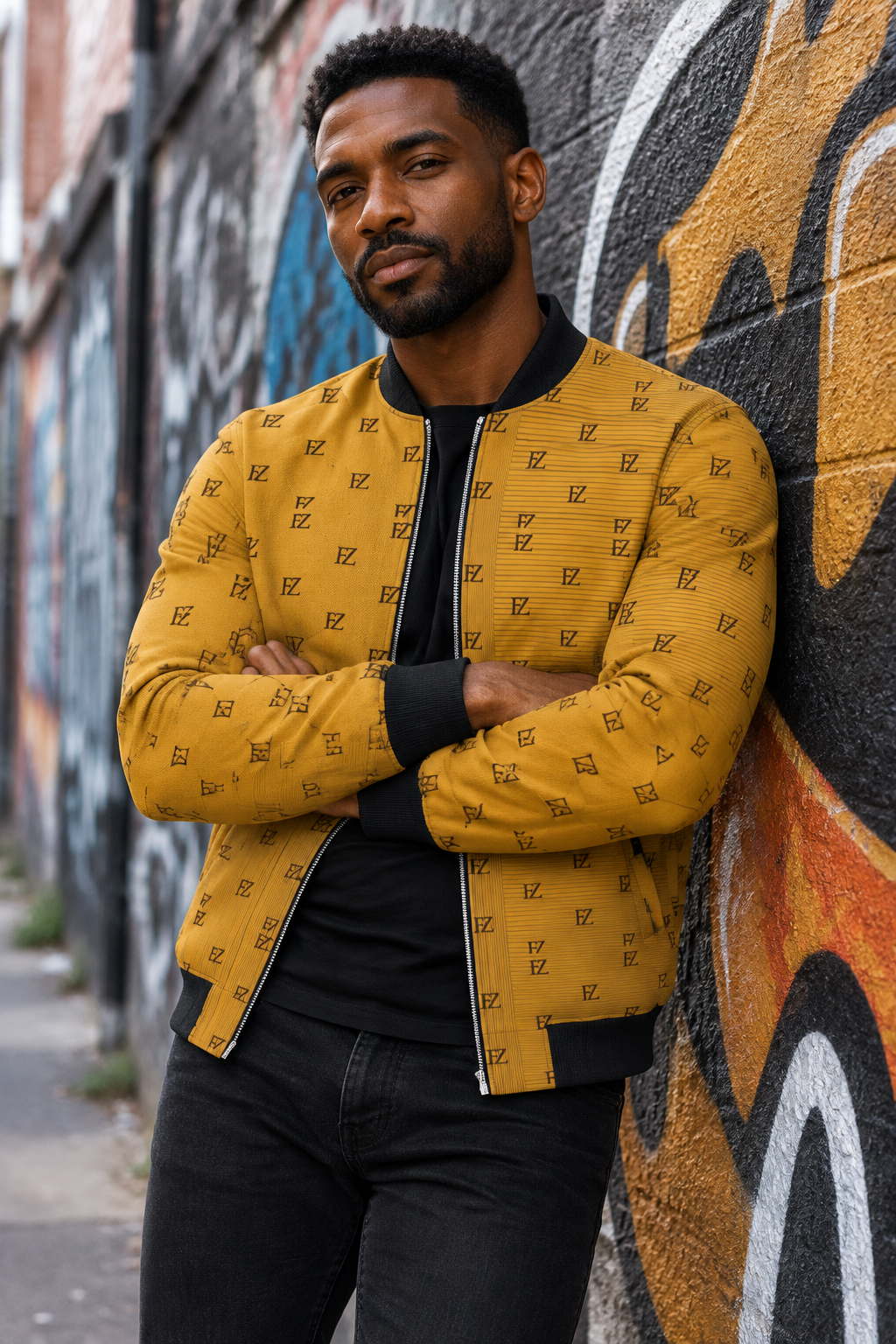 Black man in the mustard FZ bomber against a graffiti wall
