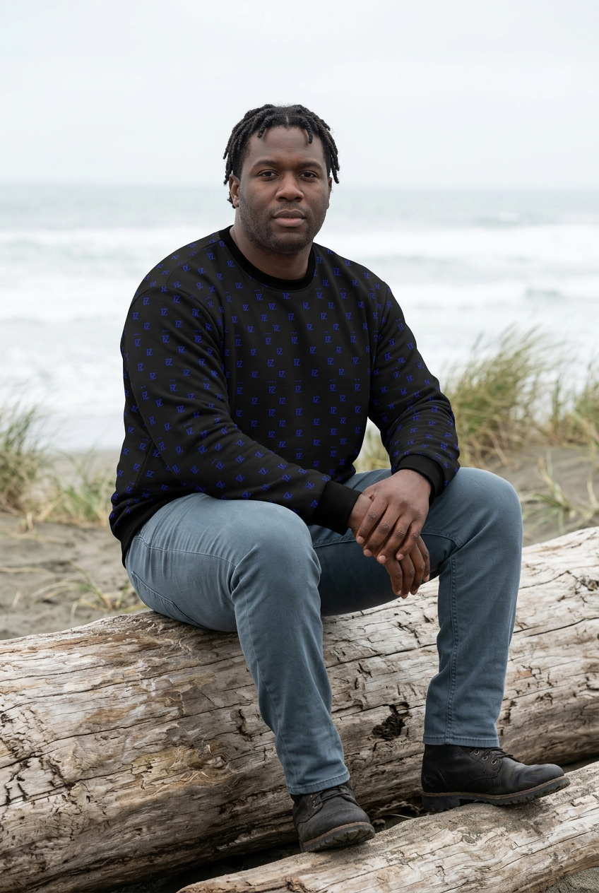 Black man with natural twists seated on driftwood at a rugged beach