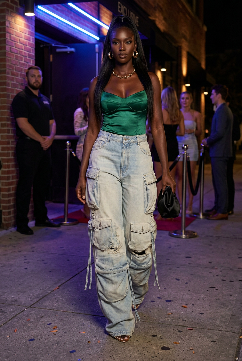 Black model arriving at a neon-lit nightclub in cargo jeans and gold heels