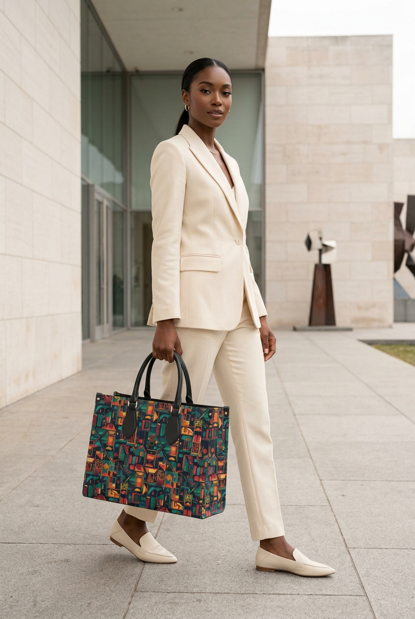 Black model carrying the jumbo handbag outside an art museum