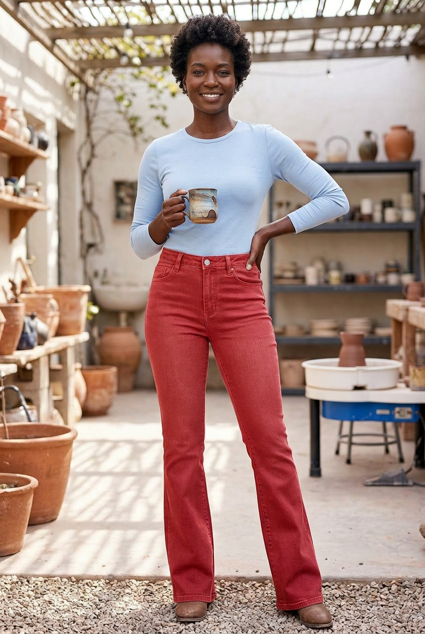 Black model holding a ceramic mug in a pottery courtyard