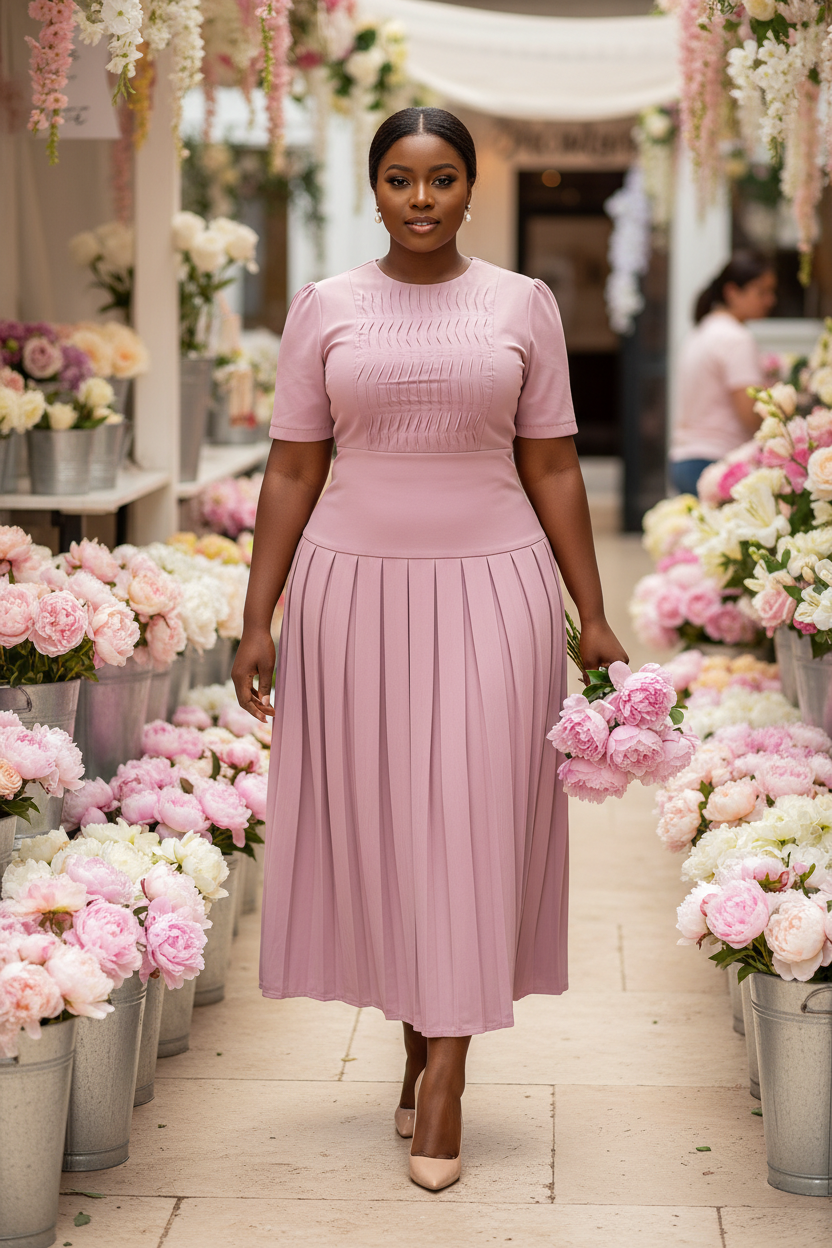 Black model in blush-pink pleated set at a flower market