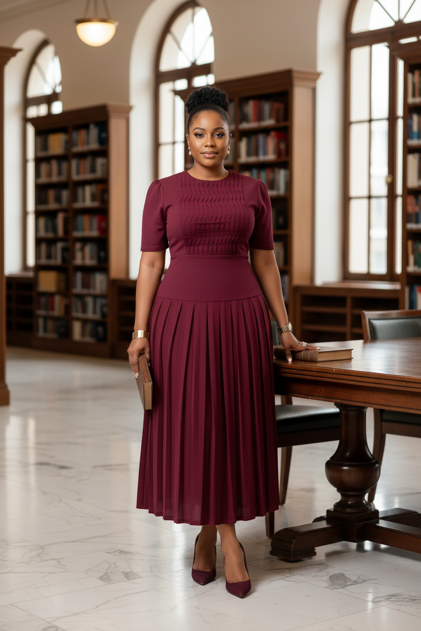 Black model in burgundy pleated set in a city library