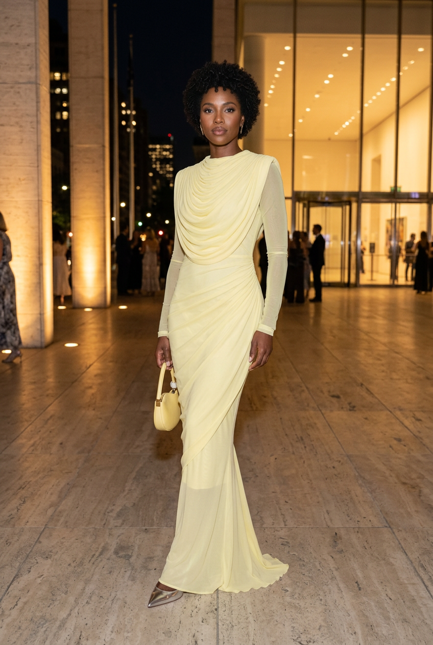 Black model in the pale-yellow gown with silver heels at a museum evening event
