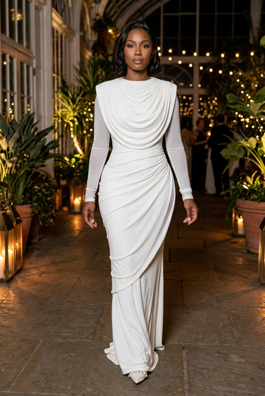 Black model in the white gown with pearl-white heels on a conservatory terrace