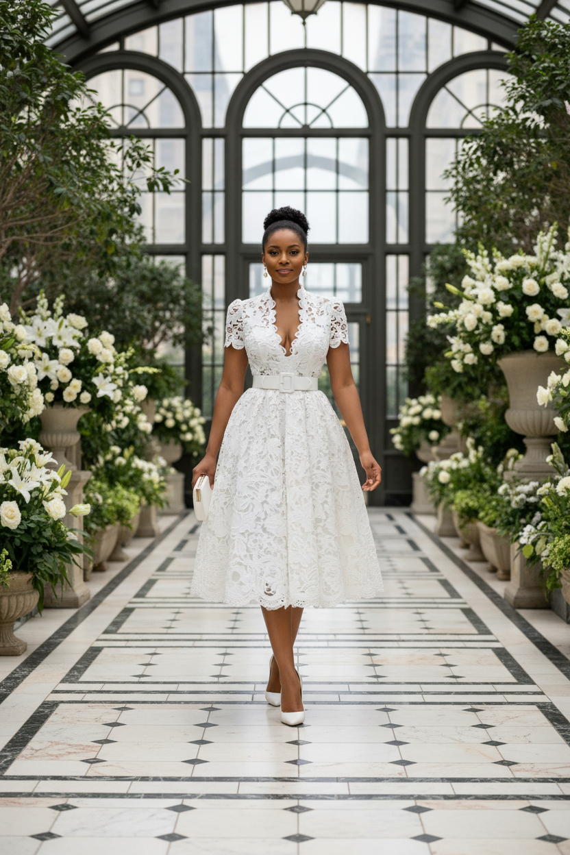 Black model in white lace dress in a conservatory