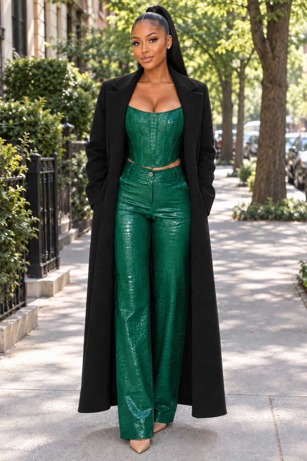Black model on a sunny sidewalk in the emerald set with a black coat