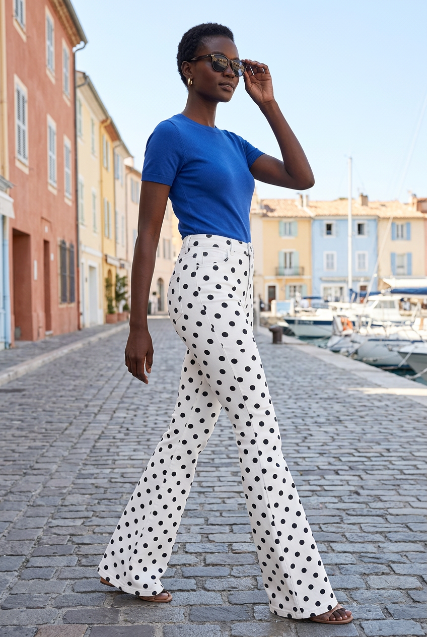 Black model strolling along a pastel waterfront street
