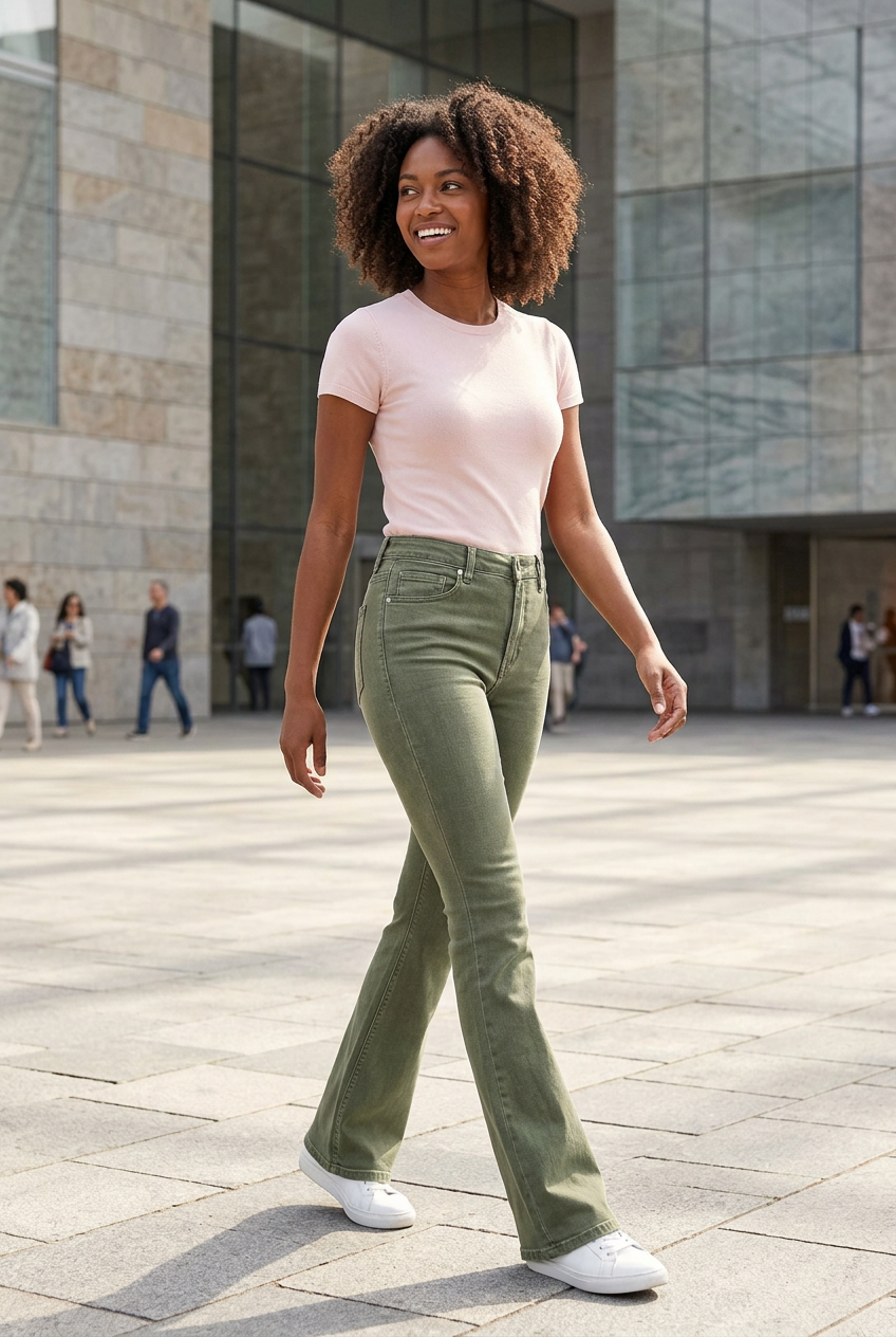 Black model walking across a museum plaza