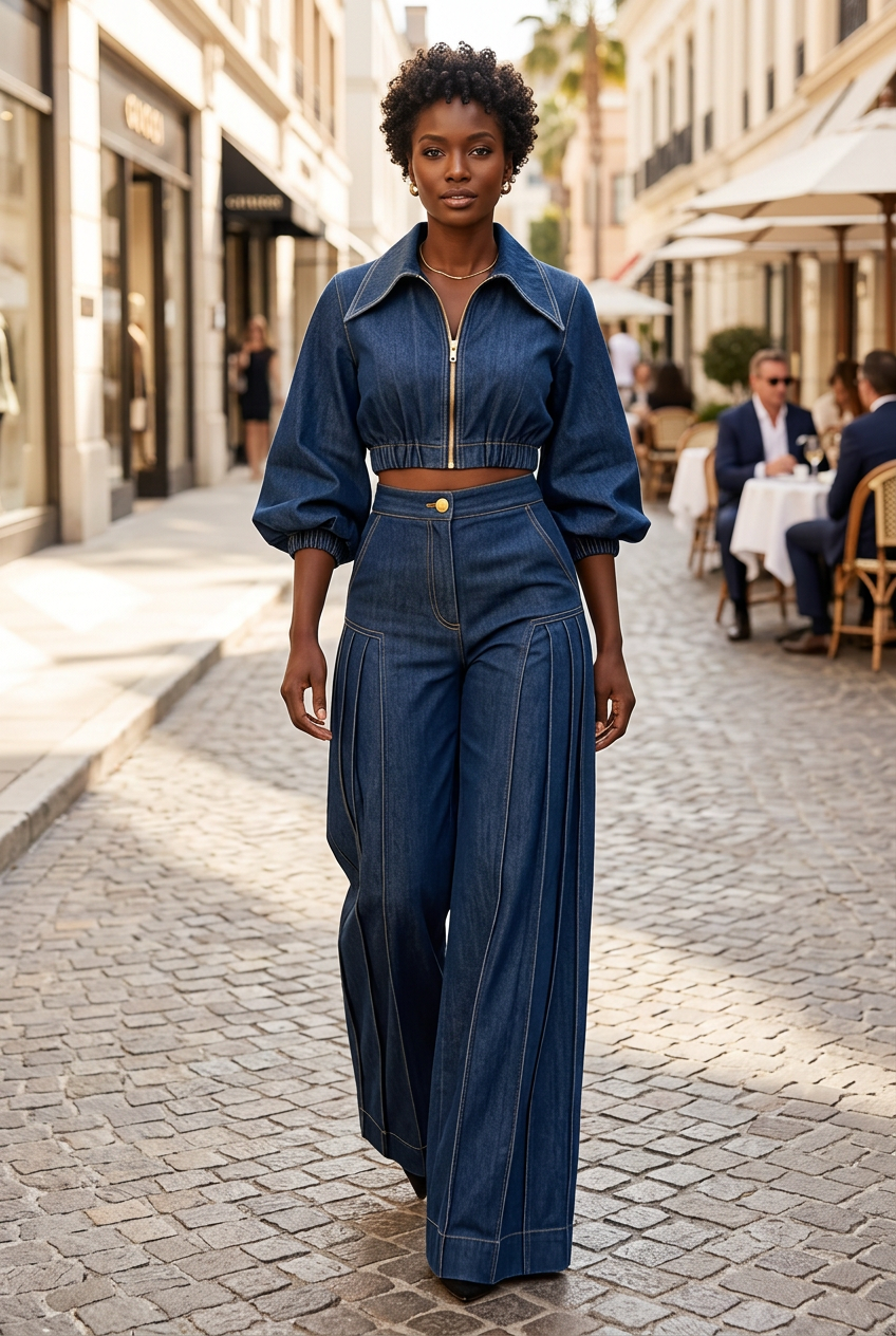 Black model walking along a sunlit avenue