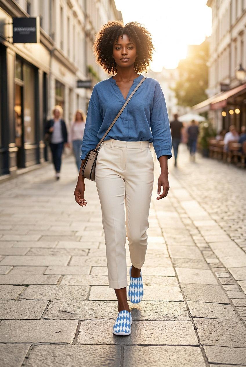 Black model walking on a city sidewalk