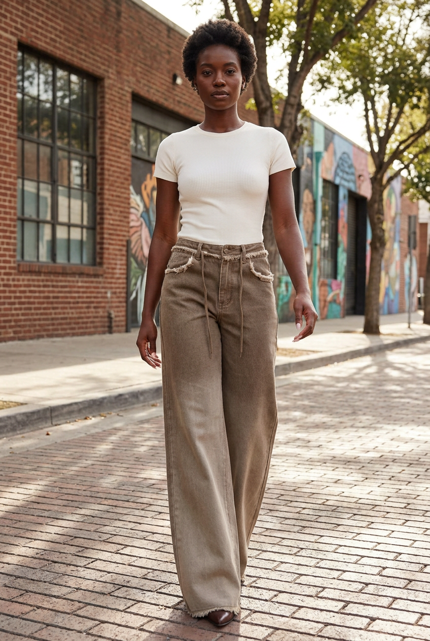 Black model walking on an arts-district sidewalk