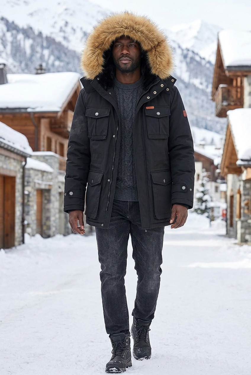 Black model walking through a snowy alpine village with the hood up
