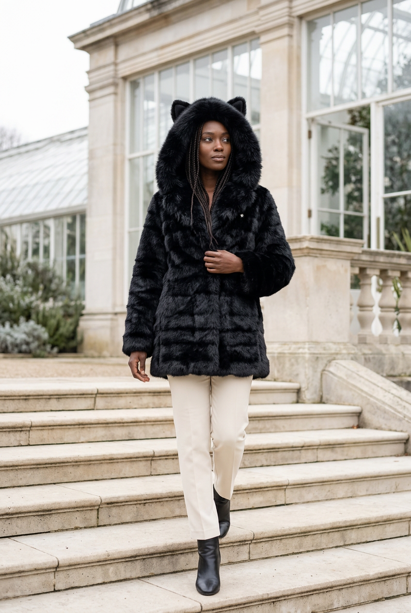 Black model wearing the black faux fur ears coat outside a conservatory