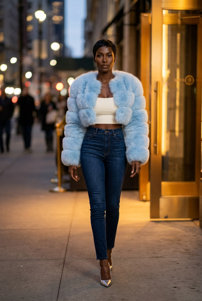 Black model wearing the blue cropped fur coat and stilettos