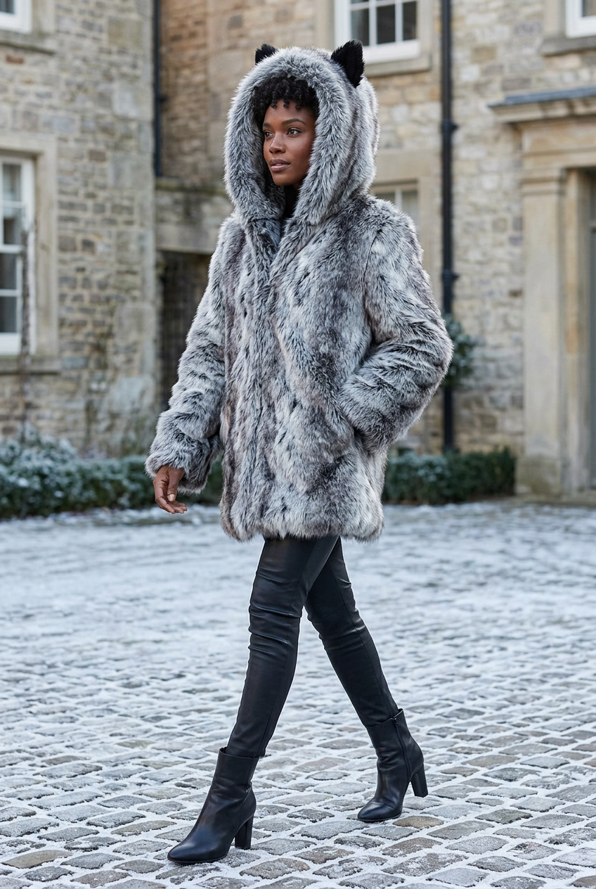 Black model wearing the gray faux fur ears coat in a frosty courtyard