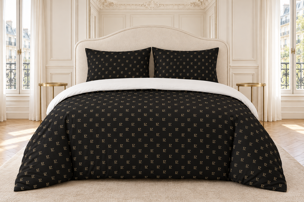 Black monogram bedding in an elegant Parisian bedroom