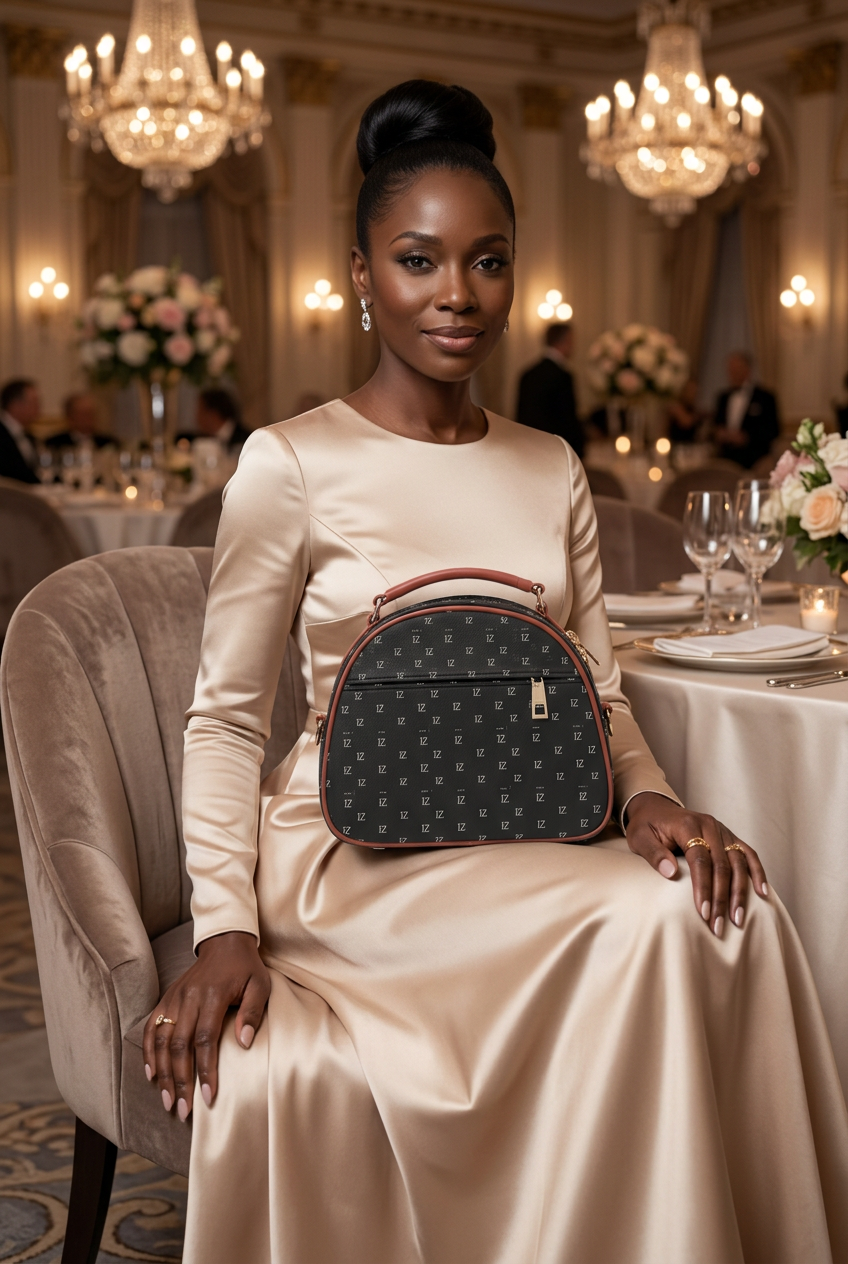 Black monogram mini handbag at an awards dinner