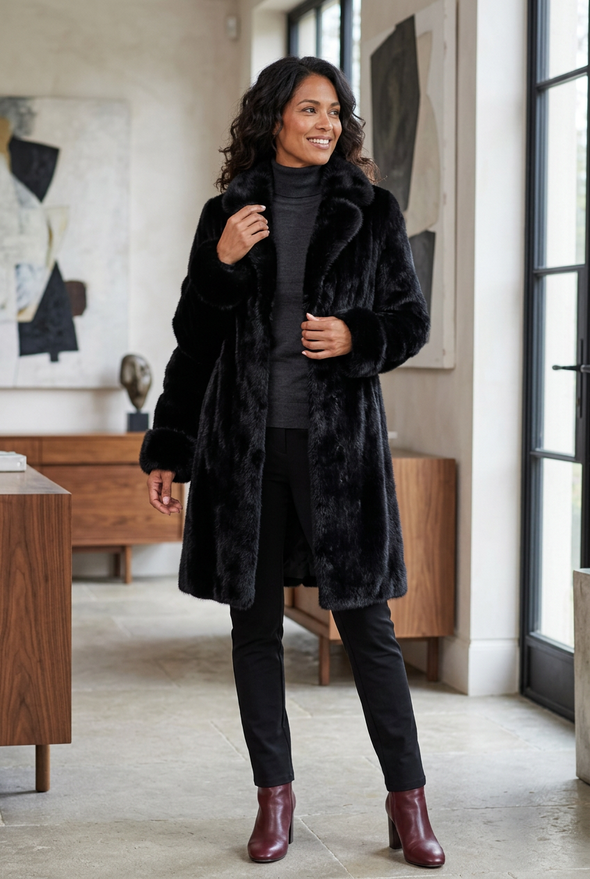 Black plush coat styled in a contemporary art salon