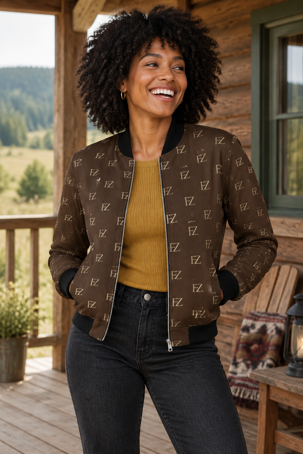 Black woman in the women's brown FZ bomber on a cabin porch