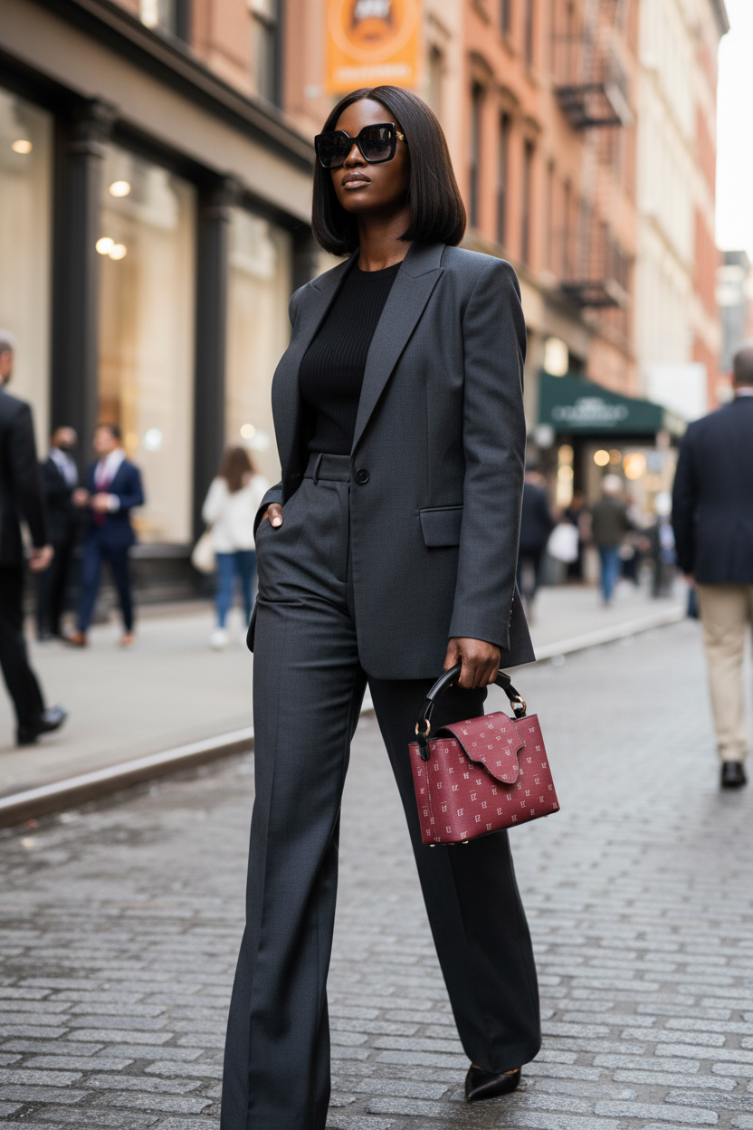 Black woman with burgundy FZ monogram handbag, city background
