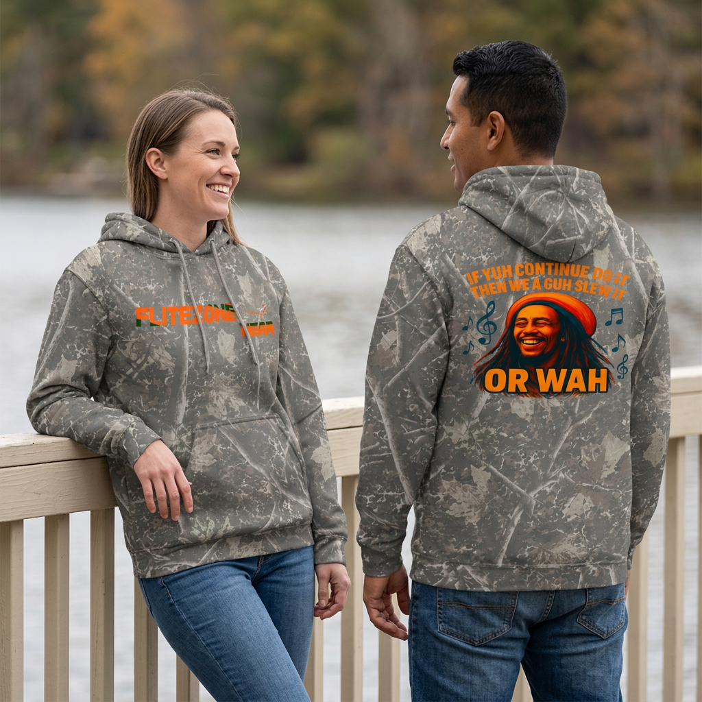 Branch-pattern camo hoodie lifestyle image with woman showing the front and man showing the back beside a lake