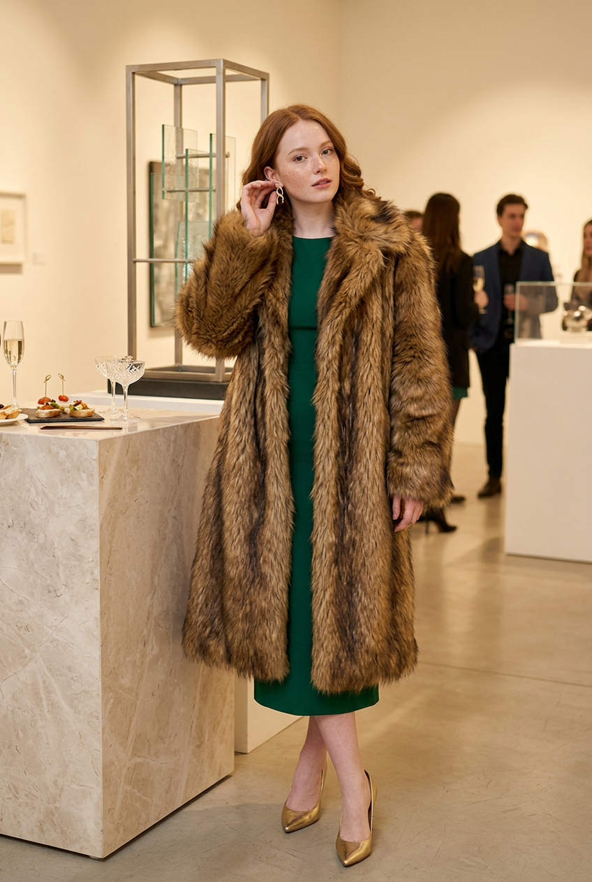 Brown fur coat at a gallery party
