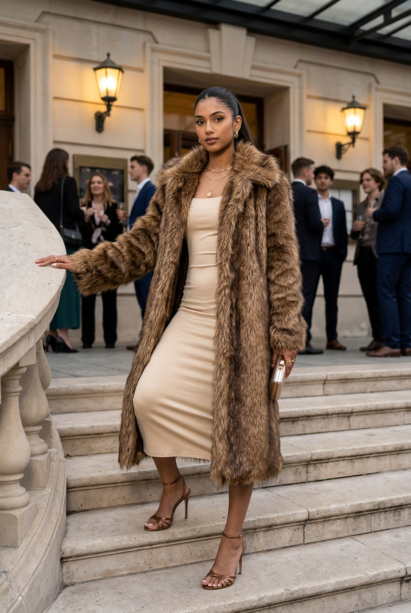 Brown fur coat at a theater premiere