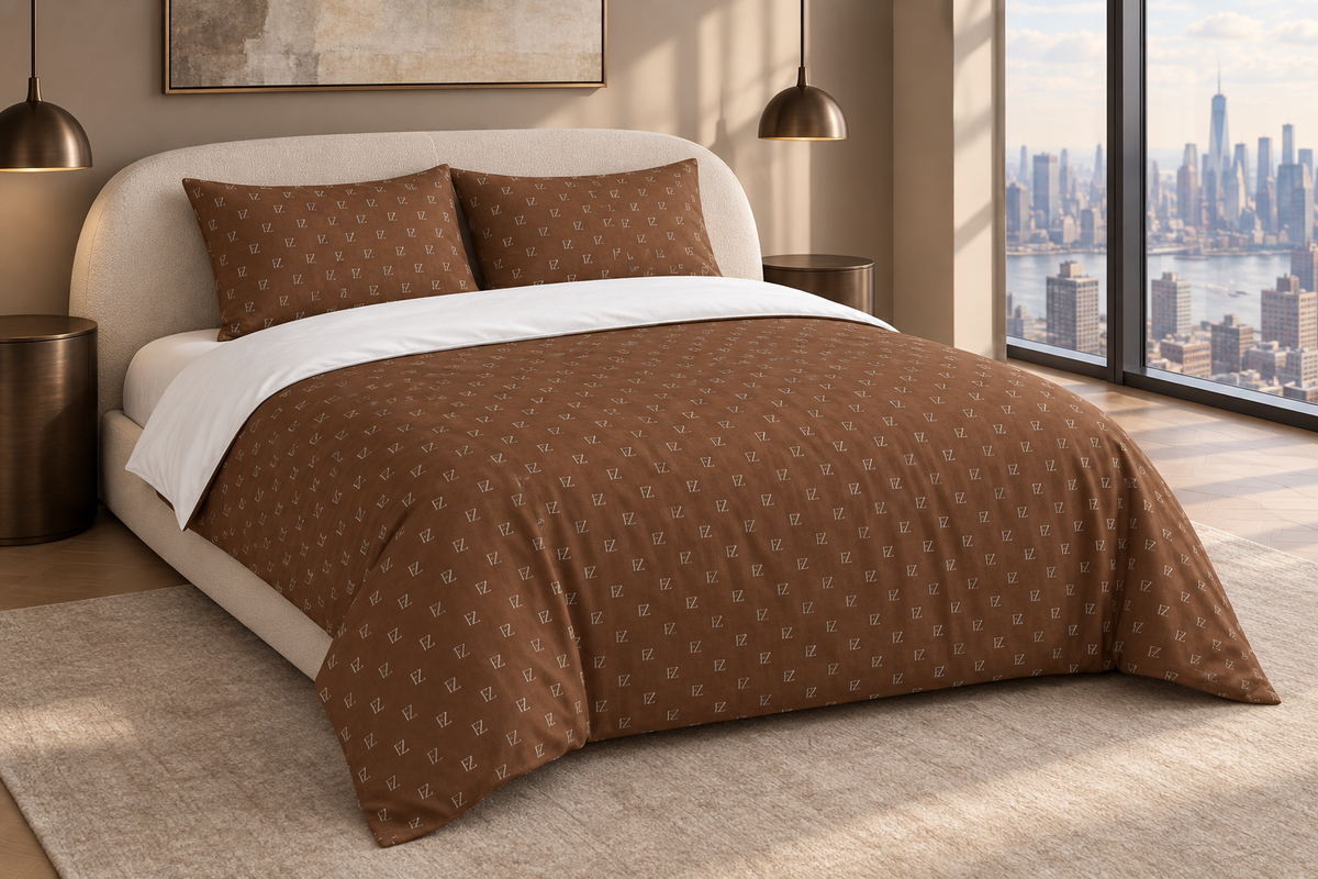 Brown monogram bedding in a city-view penthouse bedroom