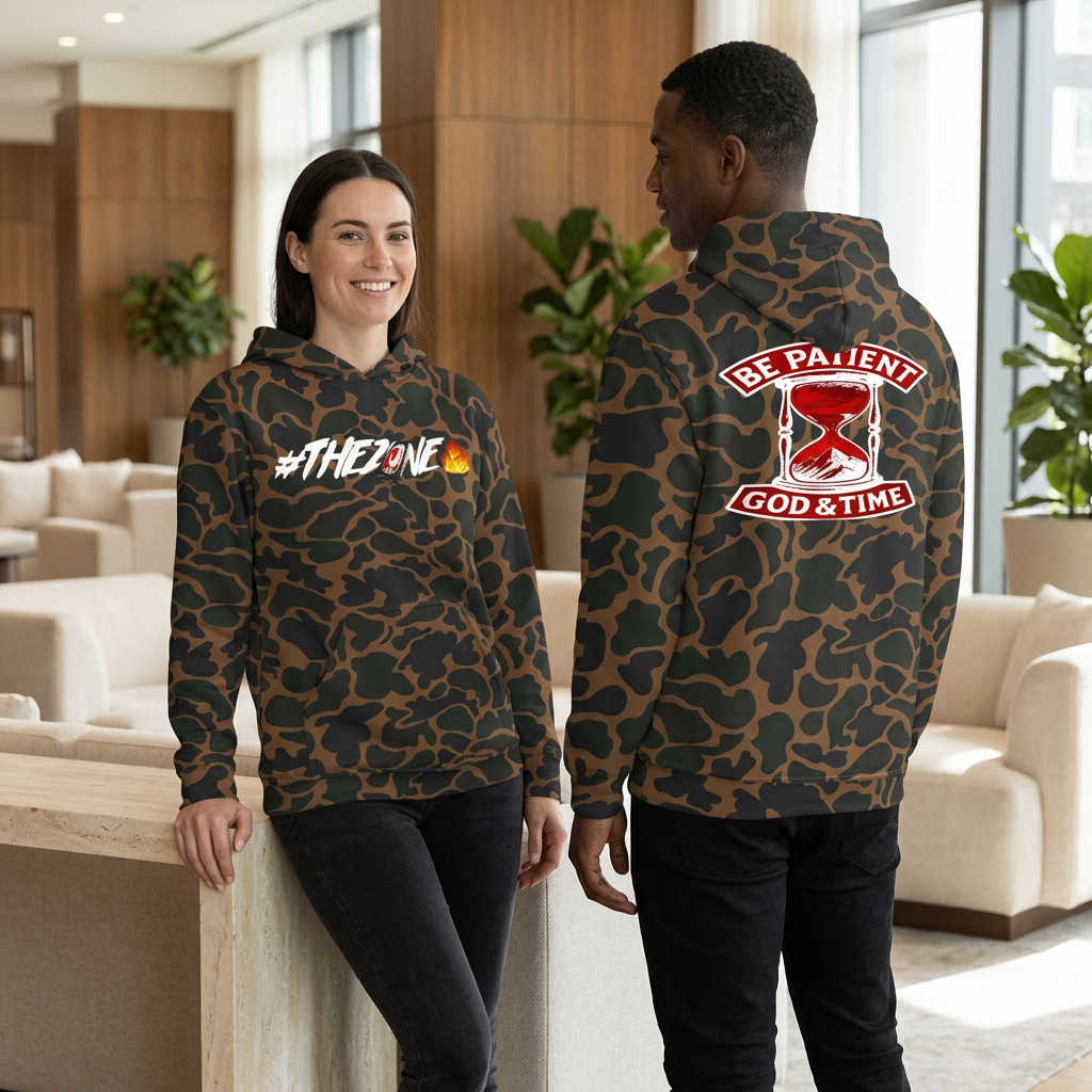 Brown-patterned hoodie lifestyle image with woman showing the front and man showing the back in a hotel lounge