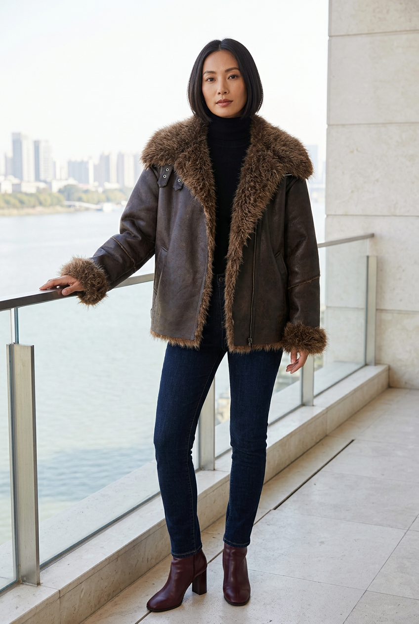 Brown shaggy-trim jacket styled on a riverfront hotel balcony