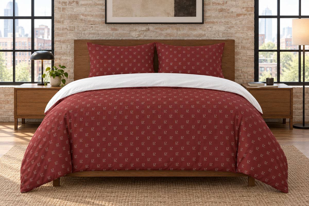 Burgundy monogram bedding in a bright urban loft